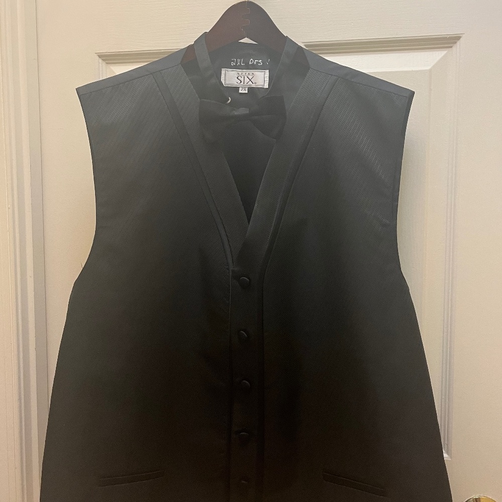 Mens black tux vest and bow tie